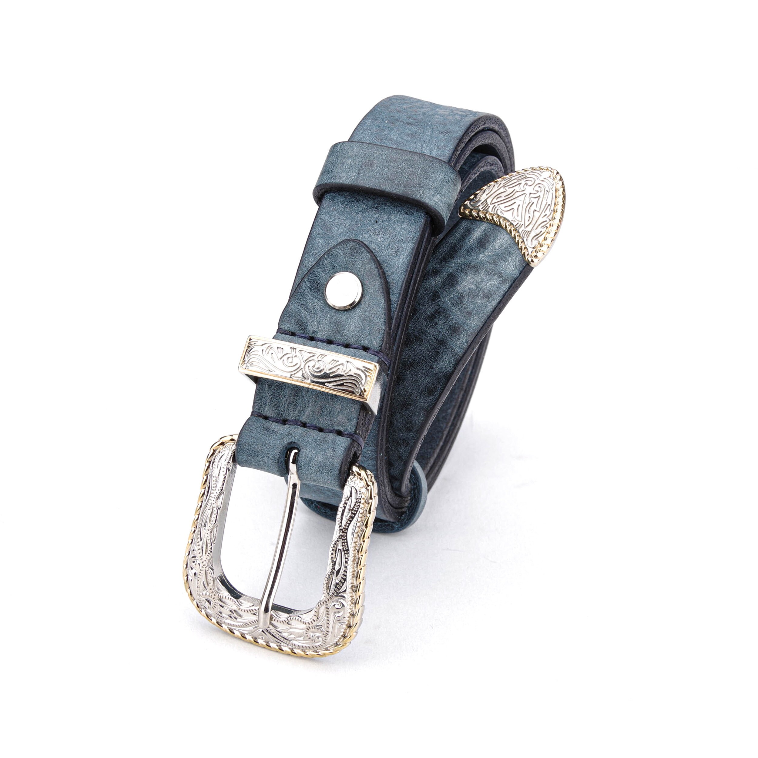 Denim Blue Leather Western Belt, Antique Silver Floral  display picture 2