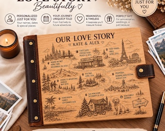 Wooden Personalized Love Map Photo Album, Our Adventure Book, Custom Couple Memory Book, Anniversary Gift