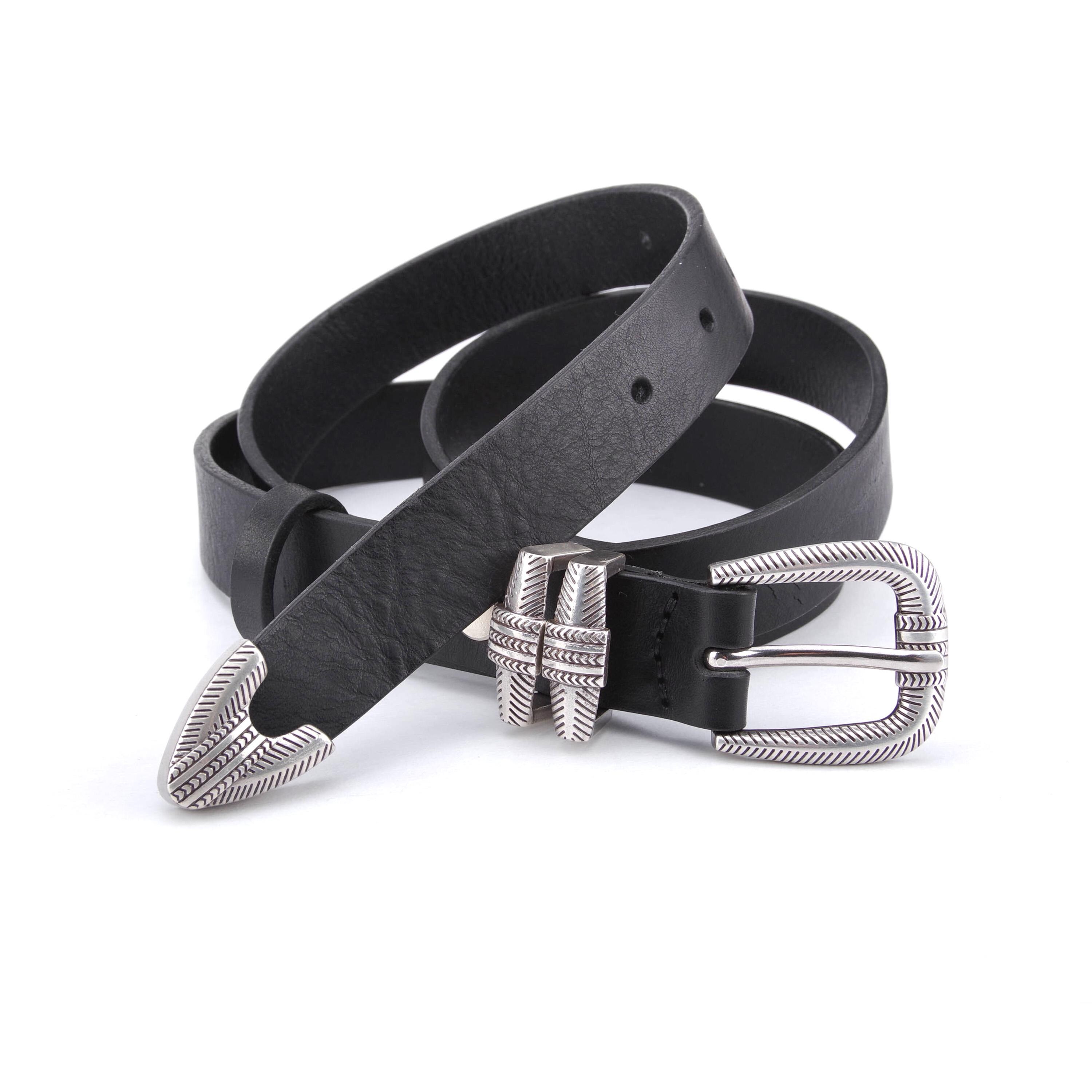 Black Leather Slim 1 Inch Width (25mm) Belt, Antique Silver Buckle