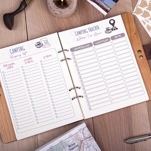 May include: A wooden-bound notebook with a white interior. The left page has a checklist titled "Camping Shopping List" with categories for "Personal Care" and "Other Items". The right page has a checklist titled "Camping Tracker - Where I've Been" with columns for "Campground", "Location", and "Date".