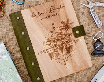 Wooden Leather Travel Journal, A5 A6 Adventure Diary, Custom Planner