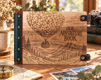 Wooden Adventure Photo Album, Engraved Travel Scrapbook with Leather Spine, Anniversary Gift for Couples, Personalized Memory Book