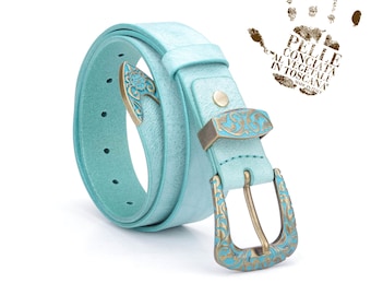Western Leather Belt with Antique Turquoise Buckle, Handmade Italian Leather Belt