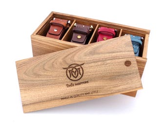 Handmade Leather Belts Gift Set – Four Belts in Walnut Box, Customizable Sizes, Buckles