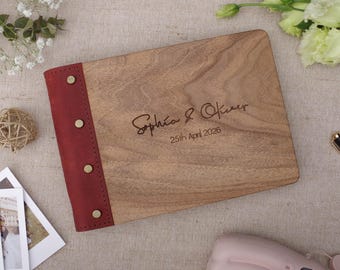 Personalized Cherry Wood Wedding Guest Book, Leather Bound, Custom Engraved