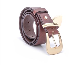 Handmade Italian Brown Leather Belt with Unique buckle 1.4" Wide