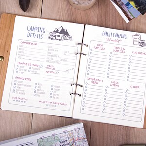 May include: A white camping checklist notebook with a brown wooden cover. The left page has a section for camping details, including campground name, address, amenities, and campsite information. The right page has a checklist for family camping, with sections for food supplies, tools and supplies, clothing, important gear, miscellaneous items, and other.