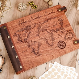 Custom photo album with world map and compass, Retirement gifts, travel scrapbook album