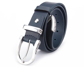 Midnight Blue Leather Belt 1.4" wide, Western Belt for Men and Women, Antique Silver Buckle with unique design