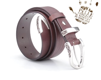 Coffee Brown Leather Belt, Antique Silver Western Buckle, 1.4" Wide, Unisex Style
