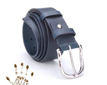 Handmade Blue Leather Classic Belt, Italian Full Grain Leather, Zamak Belt Buckle