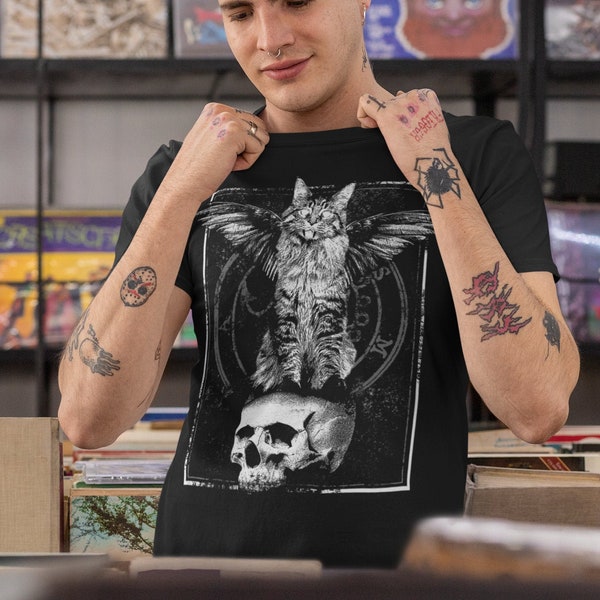 Alternative Nu Goth Kleidung Style Shirts Damen, Männer Ästhetik - Okkult Katze Grafik T-Shirt