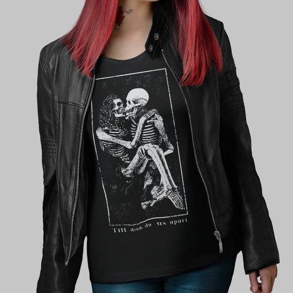 Alternative Nu Goth Clothing Aesthetic - Till Death Do Us Apart Skeletons Lovers  T-Shirt