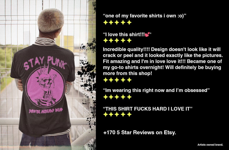 K&ouml;nnte beinhalten: Schwarzes T-Shirt mit einem pinkfarbenen Totenkopf-Motiv und dem Text "STAY PUNK" und "YOU'RE ALREADY DEAD".