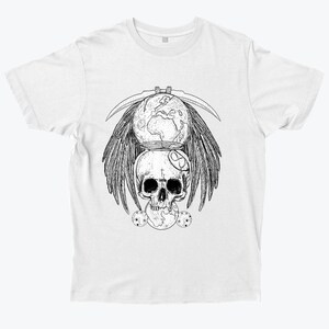 May include: A white t-shirt with a black and white graphic design of a skull with wings, a scythe, and a planet. The skull is surrounded by three smaller planets.