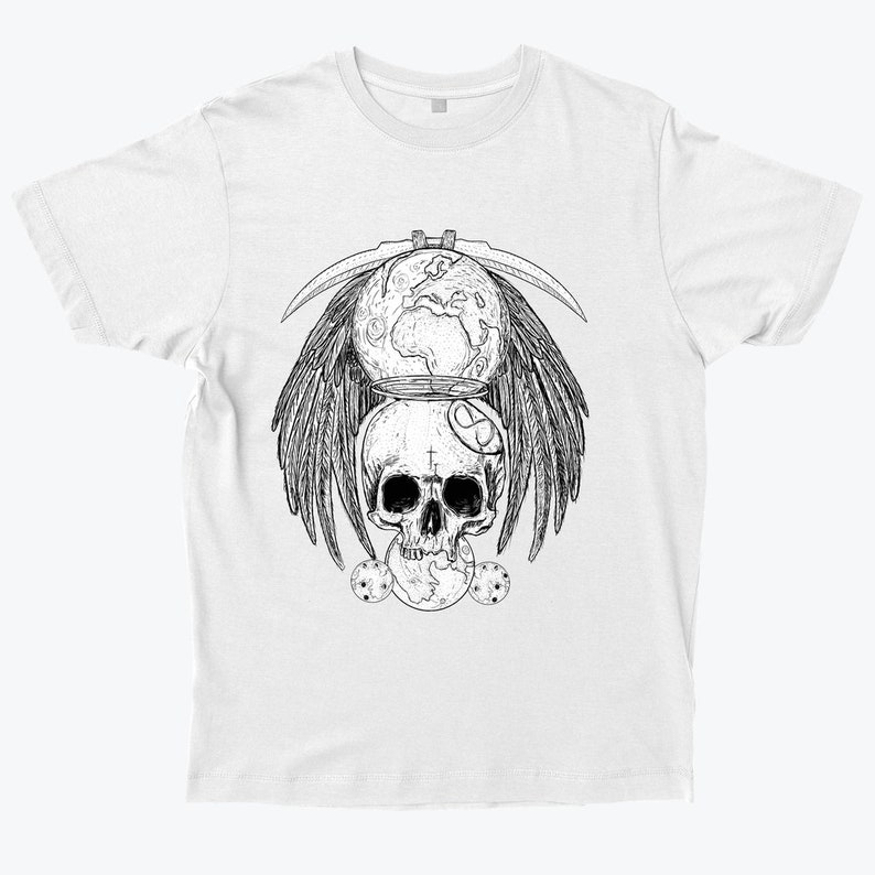 May include: A white t-shirt with a black and white graphic design of a skull with wings, a scythe, and a planet. The skull is surrounded by three smaller planets.