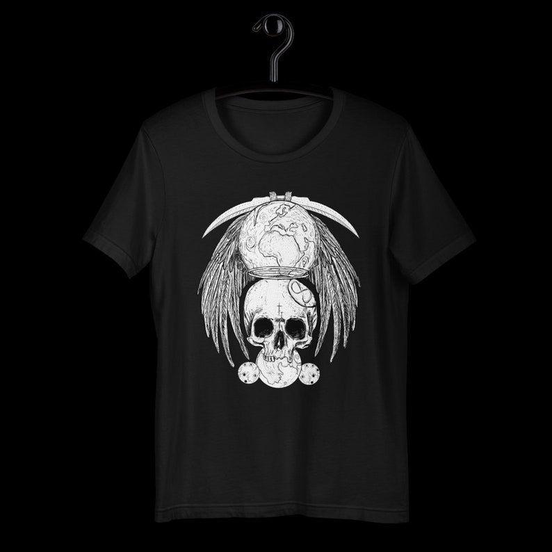May include: Black t-shirt with a white graphic design of a skull with wings, a globe, and a scythe.