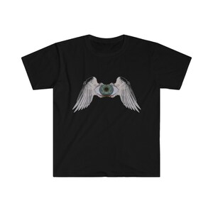 May include: Black t-shirt with a graphic of a large eye with wings. The eye is green and the wings are white.
