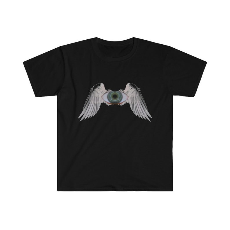 May include: Black t-shirt with a graphic of a large eye with wings. The eye is green and the wings are white.