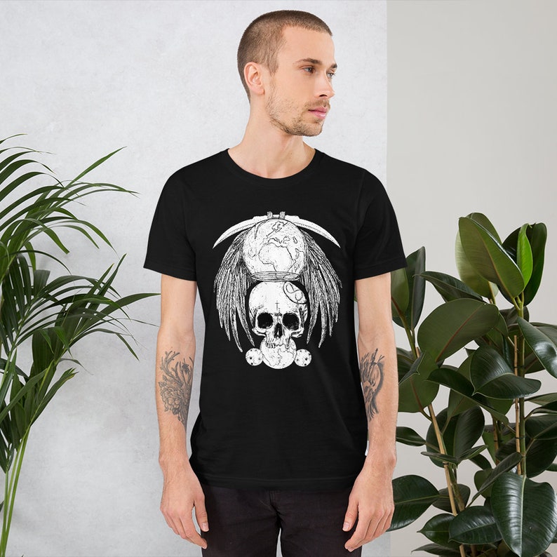 May include: Black t-shirt with a white graphic design of a skull with wings, a globe, and a scythe. The graphic is centered on the shirt.