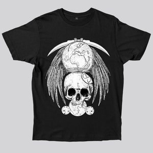 May include: Black t-shirt with a white graphic design of a skull with wings, a globe, and a crescent moon.