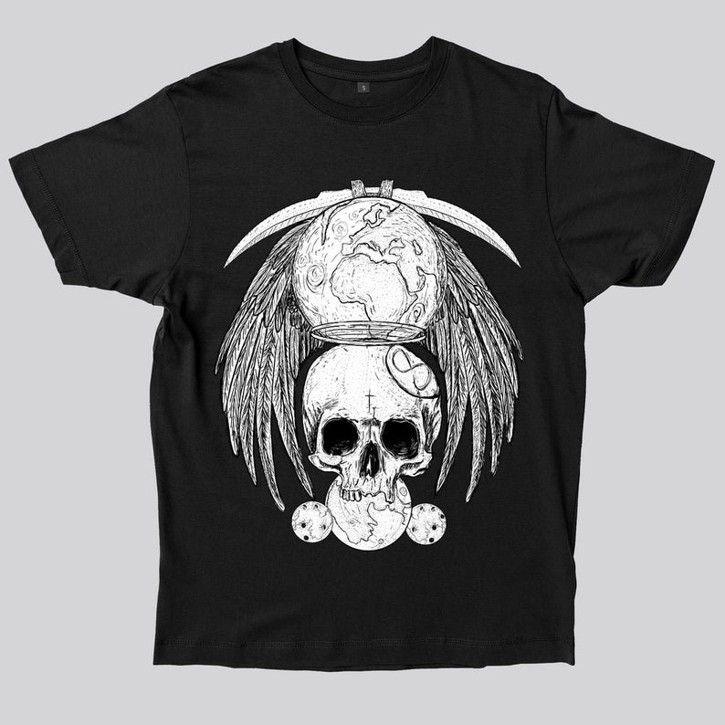 May include: Black t-shirt with a white graphic design of a skull with wings, a globe, and a crescent moon.