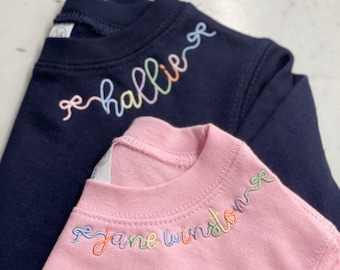Girls Toddler Sweatshirts, Monogrammed Collar Pastel Rainbow lettering with Bows