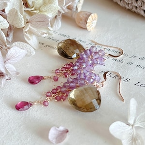 Natural Olive Quartz & Amethyst Chandelier Earrings / 14k Gold Filled / Gemstone Cluster Earring / Elegant Statement Earrings / Gift for Her