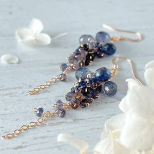 Natural Iolite Waterfall Earrings / 14k Gold Filled / Long Dangle Earrings / Blue Gemstone Jewelry / Elegant Handmade Jewelry / Gift for Her