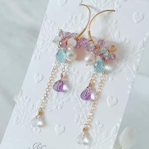 Hydrangea Inspired Gemstone Earrings / Pink Amethyst, Sky Blue Topaz, Rainbow Moonstone & Pearl / 14k Gold Filled / Romantic Pastel Jewelry