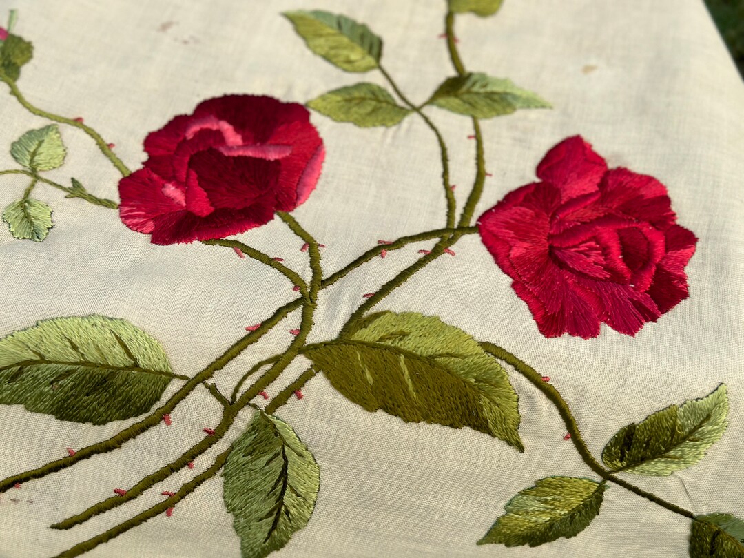 Antique Embroidered Red Roses Satin Thread Pillow to or Frame ...