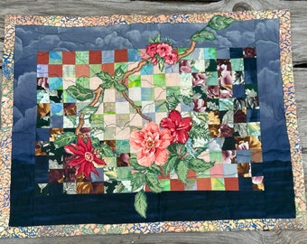 Quilt Handmade Patchwork 25" x 34" Wall Decor or Table Top Applique Hibiscus Floral on Small Patchwork Batik Back Same as Border