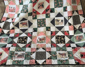 1960年代のモダンなパッチワーク、手縫いのキルティングと刺繍が施され