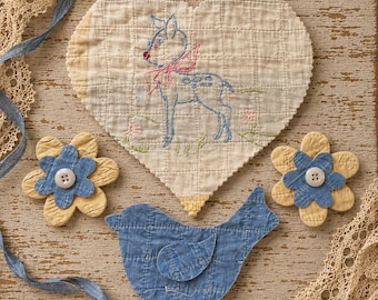 1960年代のモダンなパッチワーク、手縫いのキルティングと刺繍が施され