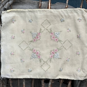 Antique Linen Embroidered Shabby Pillow Cover embroidered on Both Sides Satin thread and Cotton Back
