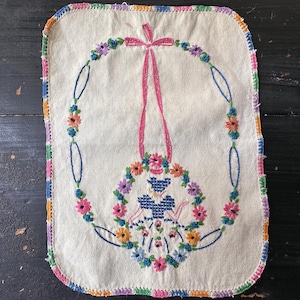 Vintage Floral Lady Doily Table Decor Hand Embroidered Floral with Trim 10.5 x 8 inch