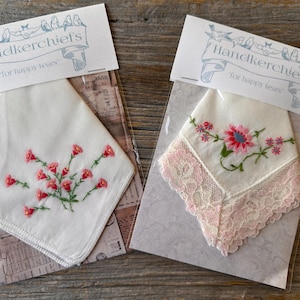 Vintage Hankie Set of 2 Embroidery Floral Lace Pink Handkerchief Cotton