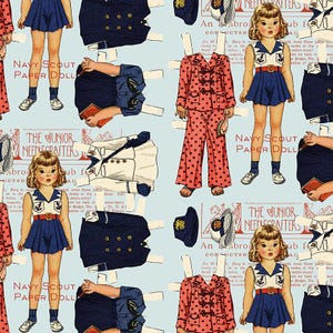 May include: A repeating pattern featuring vintage paper dolls and their outfits. The dolls are dressed in navy and white sailor-style attire. Other outfits include a red polka dot pajama set and a white naval uniform. Text includes "Navy Scout Paper Doll".