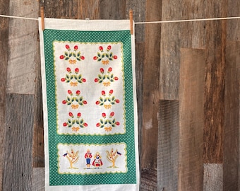 Vintage Folkart Dish Towel Cotton 1970's Handmade 28 x 15 inches