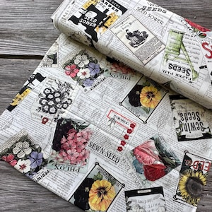 SEWING SEEDS lll FABRIC by J Wecker Frisch Seed Packages Advertisement Vintage Design Text Scripture from Riley Blake Designs