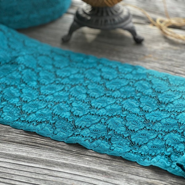 LACE 11 inches Wide Stretch Sold by the Yard for Fashion Sewing and Lingerie Good Quality Simple Floral  Pattern in Teal