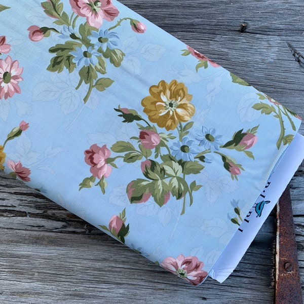 Riley Blake Designs Midnight Garden by Gerri Robinson Mist Blue with Floral Roses Pink Yellow Cotton Fabric Pattern # C12540