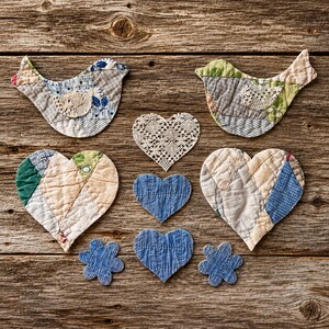 May include: A collection of fabric appliqués including two bird shapes made of patchwork fabric with lace wings, three heart shapes in varying sizes and textures, and two small blue flower shapes, all featuring quilted stitching and diverse patterns.