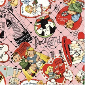 May include: A pink Valentine's Day pattern featuring vintage illustrations. The design includes heart-shaped cards, children, and the text "February Fourteen." Other text includes "Post Card" and "I love you."