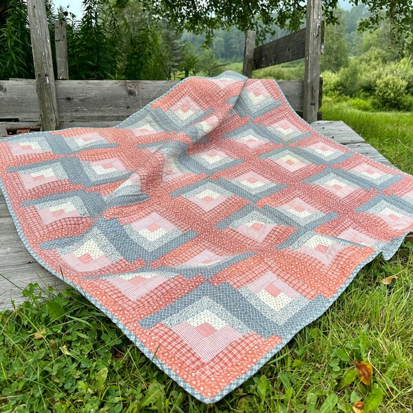Vintage Quilt Calico Handmade Hand Quilted Lap Blanket Patchwork 45 x 47 inch Cotton Log Cabin