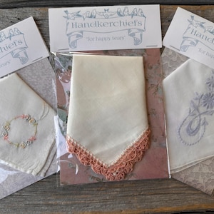 Vintage Hankie Set of 3 Embroidered and  Crochet Lace Floral Design Handkerchief Cotton