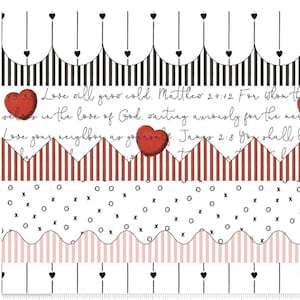 May include: A decorative pattern with diverse designs. It features black and white striped borders, red and white striped borders, and a dotted pattern. Red heart illustrations and script text are also included.