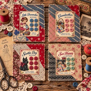 Antique Quilt Patchwork, 1930's Button Card Printed Patches,  Junk Journaling,  Set of 4