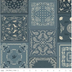 May include: A patchwork fabric with a western theme. The design features various square patterns in shades of blue and cream. Some squares have paisley, floral, and horseshoe motifs. The fabric is 12 inches wide.