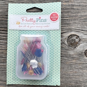 PRETTY PINS  by Lori Hold of Bee in my Bonnet 60 Pins for all Sewing Needs Riley Blake Designs Cut Plastic Jar Shape Cases